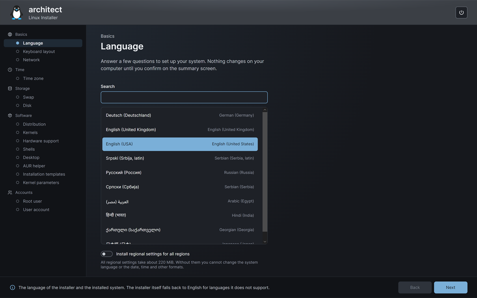 The Language step of the Architect wizard